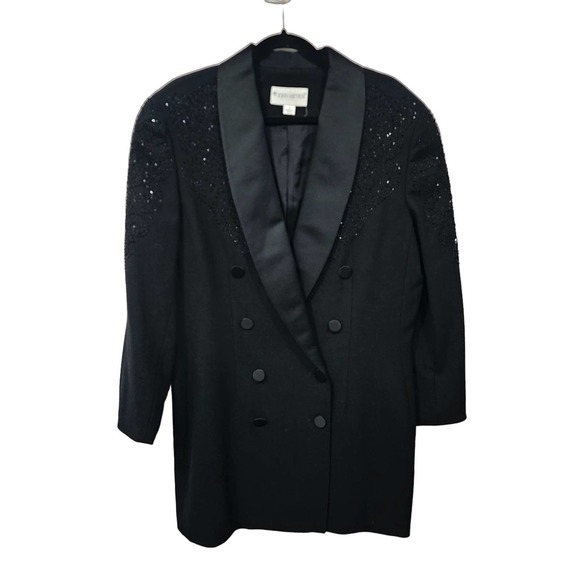 John Meyer Black Beaded Satin Wool Tuxedo Double-Breasted Jacket Blazer Size 12 - Picture 1 of 16